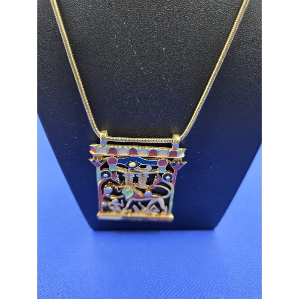 Vintage Egyptian Revival Necklace Enamel Apis Sphinx Eye Horus Gold Tone - Picture 2 of 13